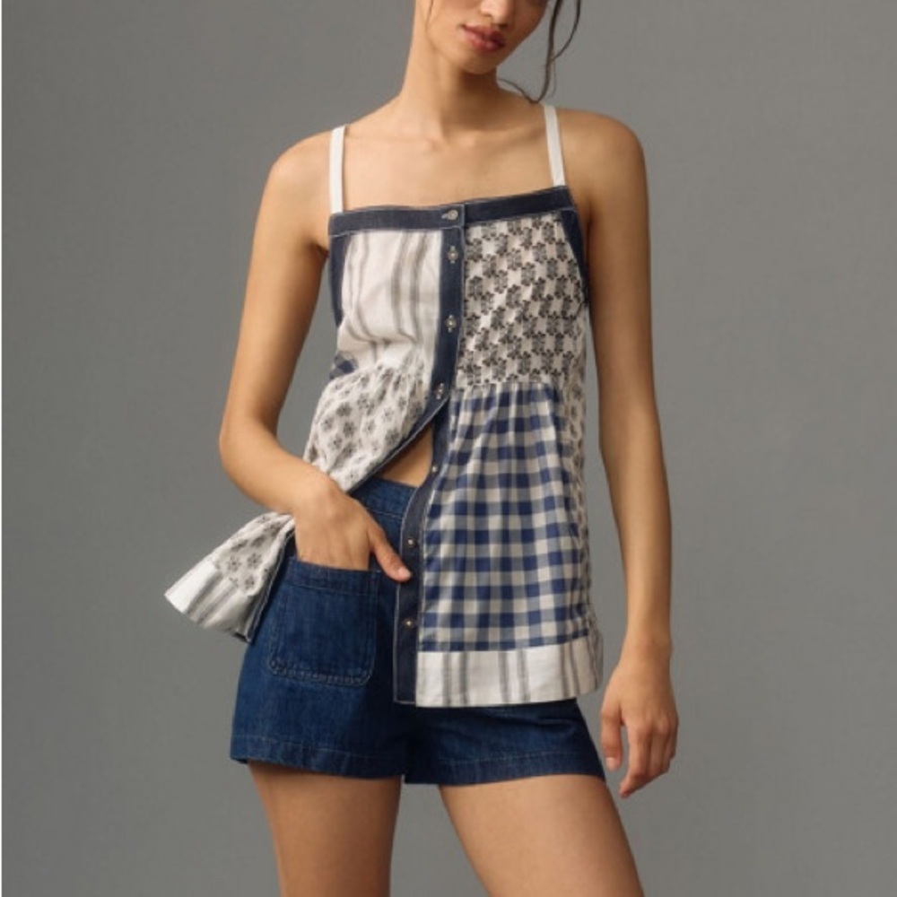 Anthropologie PILCRO Patchwork Button Front Cami Gingham Floral Boho Denim Trim - Picture 3 of 9